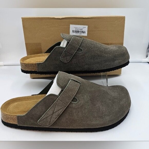 Suede Leather Clogs Men 10.5 / Women 12 Army Green Cork Footbed Comfort - Picture 2 of 9